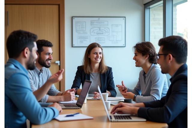 Imagen de un grupo de emprendedores discutiendo claves legales en una sala de conferencias moderna