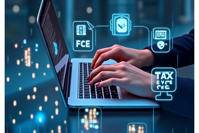 Ilustración de manos trabajando en un computador con símbolos fiscales y contables flotando alrededor